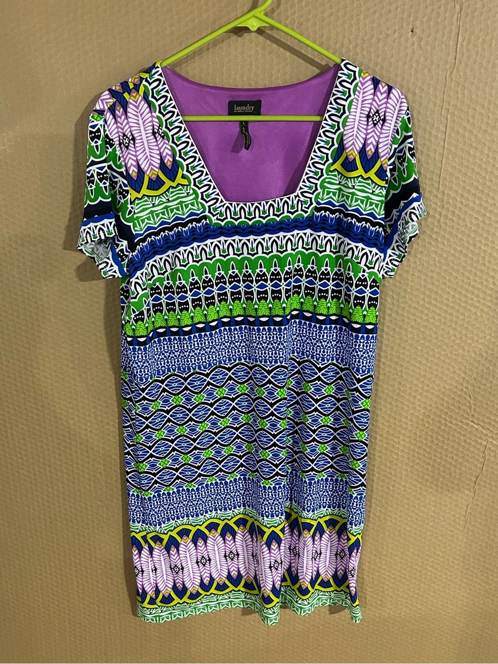 Laundry By Shelli Segal Purple Multicolor Printed Dress with Green Accents